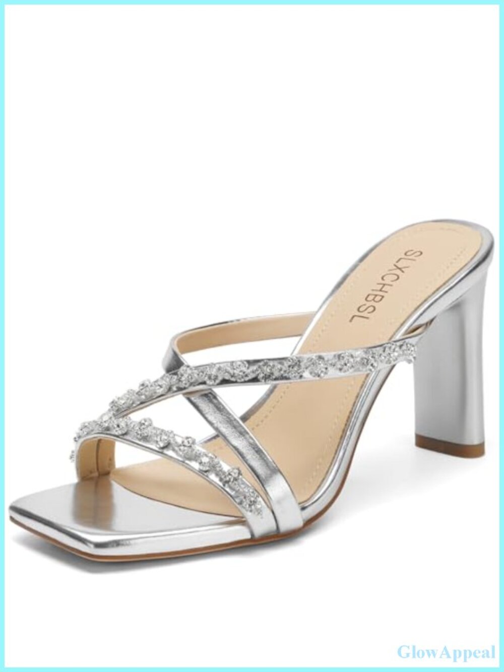 Rhinestone Cross-Strap Chunky Heeled Sandals Square Open Toe Slip On